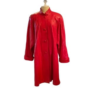 Vintage Brisa bright red long leather button front coat Sz XXXL Women.
